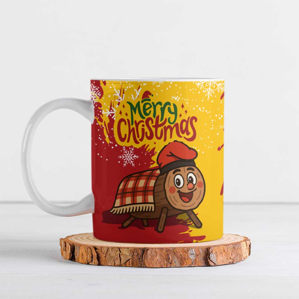 Spain Christmas Ceramic Mug with Tio de Nadal Log Snowflakes Spanish Flag and Holiday Wreath - Wonder Print Shop