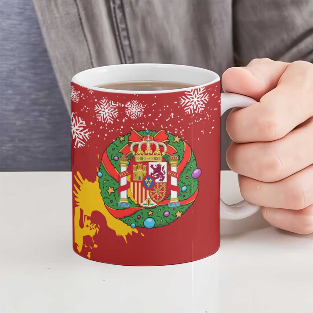Spain Christmas Ceramic Mug with Tio de Nadal Log Snowflakes Spanish Flag and Holiday Wreath - Wonder Print Shop