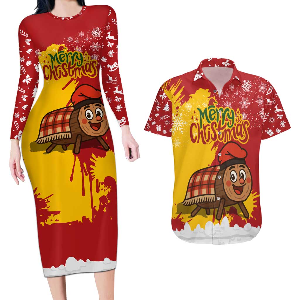 Spain Christmas Couples Matching Long Sleeve Bodycon Dress and Hawaiian Shirt with Tio de Nadal Log Snowflakes Spanish Flag and Holiday Wreath - Wonder Print Shop
