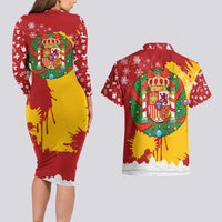 Spain Christmas Couples Matching Long Sleeve Bodycon Dress and Hawaiian Shirt with Tio de Nadal Log Snowflakes Spanish Flag and Holiday Wreath - Wonder Print Shop