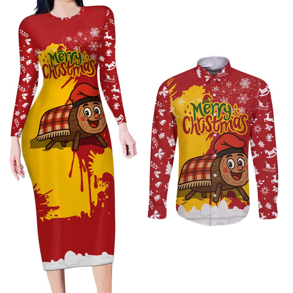 Spain Christmas Couples Matching Long Sleeve Bodycon Dress and Long Sleeve Button Shirt with Tio de Nadal Log Snowflakes Spanish Flag and Holiday Wreath - Wonder Print Shop