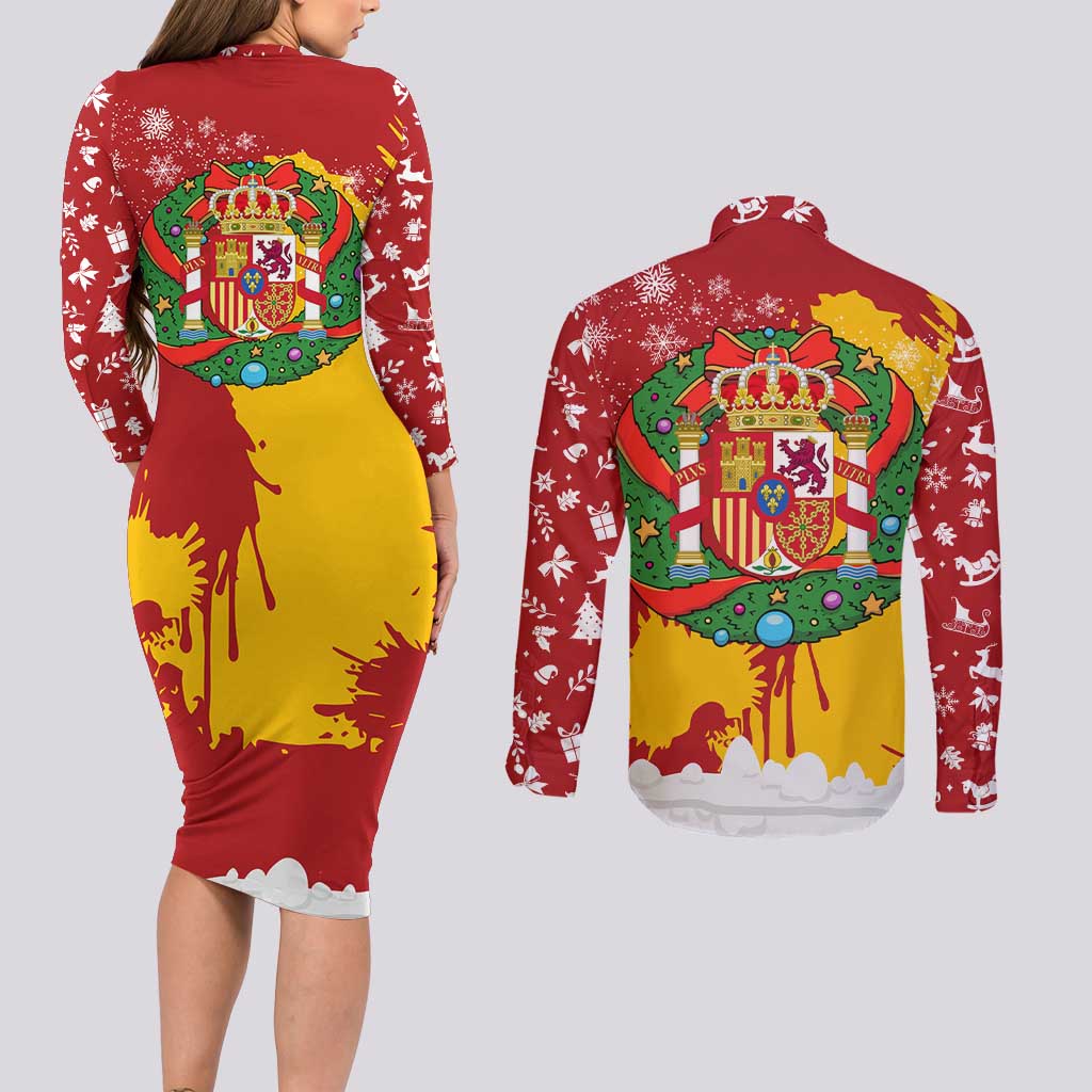 Spain Christmas Couples Matching Long Sleeve Bodycon Dress and Long Sleeve Button Shirt with Tio de Nadal Log Snowflakes Spanish Flag and Holiday Wreath - Wonder Print Shop