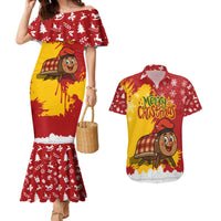 Spain Christmas Couples Matching Mermaid Dress and Hawaiian Shirt with Tio de Nadal Log Snowflakes Spanish Flag and Holiday Wreath - Wonder Print Shop