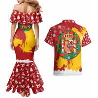 Spain Christmas Couples Matching Mermaid Dress and Hawaiian Shirt with Tio de Nadal Log Snowflakes Spanish Flag and Holiday Wreath - Wonder Print Shop