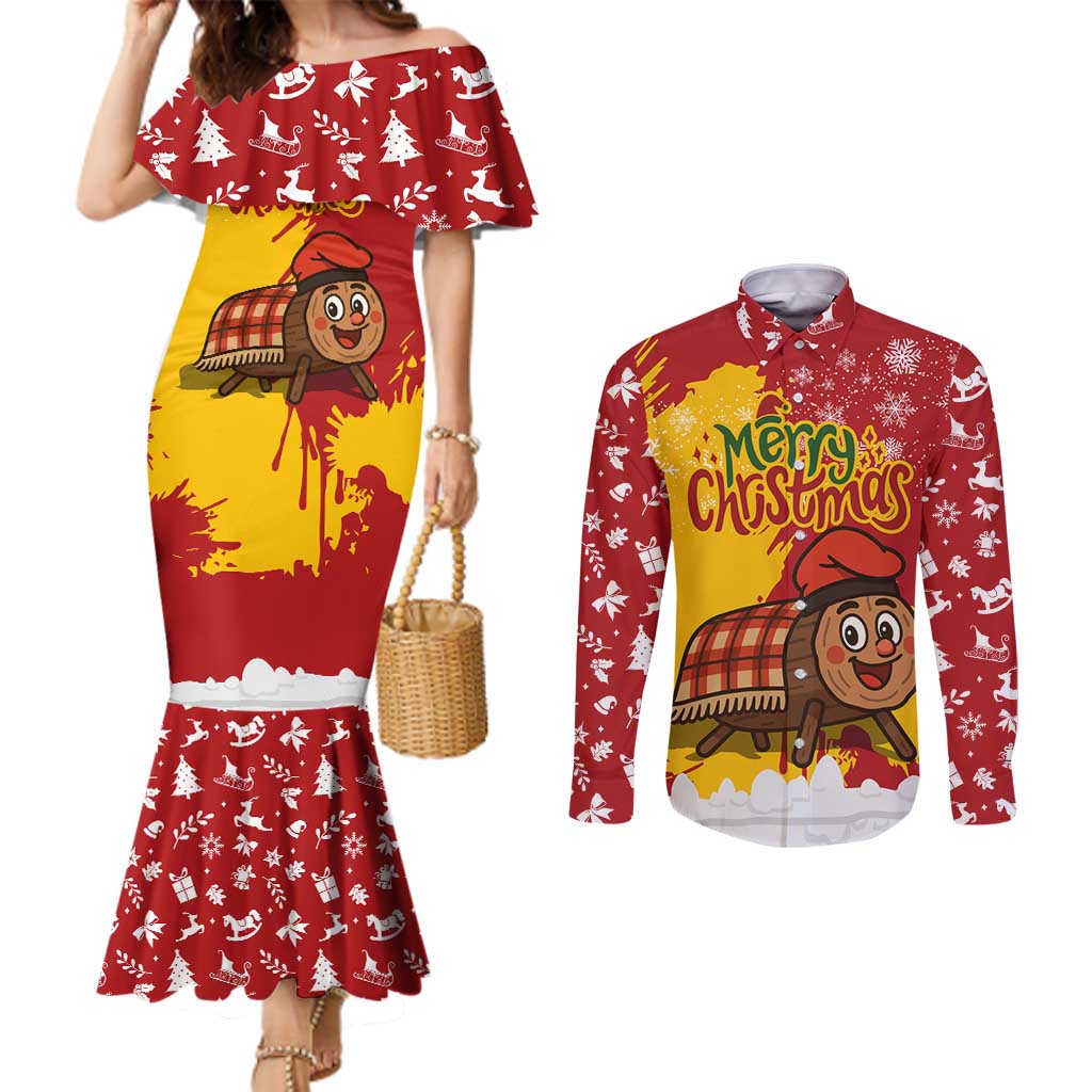 Spain Christmas Couples Matching Mermaid Dress and Long Sleeve Button Shirt with Tio de Nadal Log Snowflakes Spanish Flag and Holiday Wreath - Wonder Print Shop