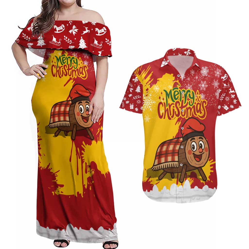 Spain Christmas Couples Matching Off Shoulder Maxi Dress and Hawaiian Shirt with Tio de Nadal Log Snowflakes Spanish Flag and Holiday Wreath - Wonder Print Shop