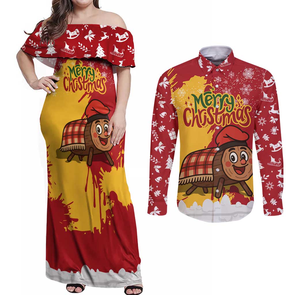 Spain Christmas Couples Matching Off Shoulder Maxi Dress and Long Sleeve Button Shirt with Tio de Nadal Log Snowflakes Spanish Flag and Holiday Wreath - Wonder Print Shop