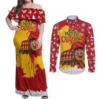 Spain Christmas Couples Matching Off Shoulder Maxi Dress and Long Sleeve Button Shirt with Tio de Nadal Log Snowflakes Spanish Flag and Holiday Wreath - Wonder Print Shop