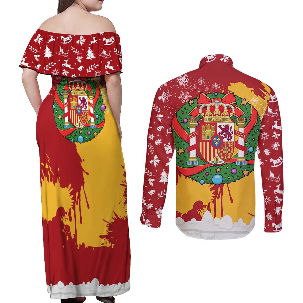 Spain Christmas Couples Matching Off Shoulder Maxi Dress and Long Sleeve Button Shirt with Tio de Nadal Log Snowflakes Spanish Flag and Holiday Wreath - Wonder Print Shop