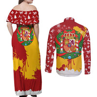 Spain Christmas Couples Matching Off Shoulder Maxi Dress and Long Sleeve Button Shirt with Tio de Nadal Log Snowflakes Spanish Flag and Holiday Wreath - Wonder Print Shop
