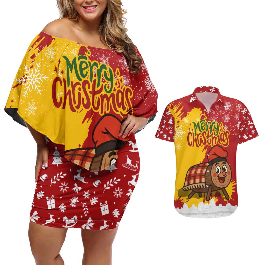 Spain Christmas Couples Matching Off Shoulder Short Dress and Hawaiian Shirt with Tio de Nadal Log Snowflakes Spanish Flag and Holiday Wreath - Wonder Print Shop