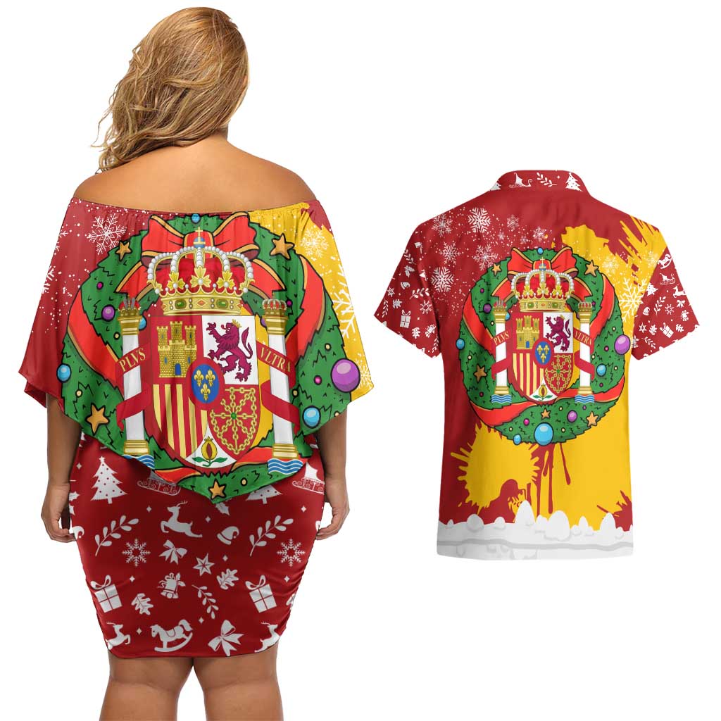 Spain Christmas Couples Matching Off Shoulder Short Dress and Hawaiian Shirt with Tio de Nadal Log Snowflakes Spanish Flag and Holiday Wreath - Wonder Print Shop