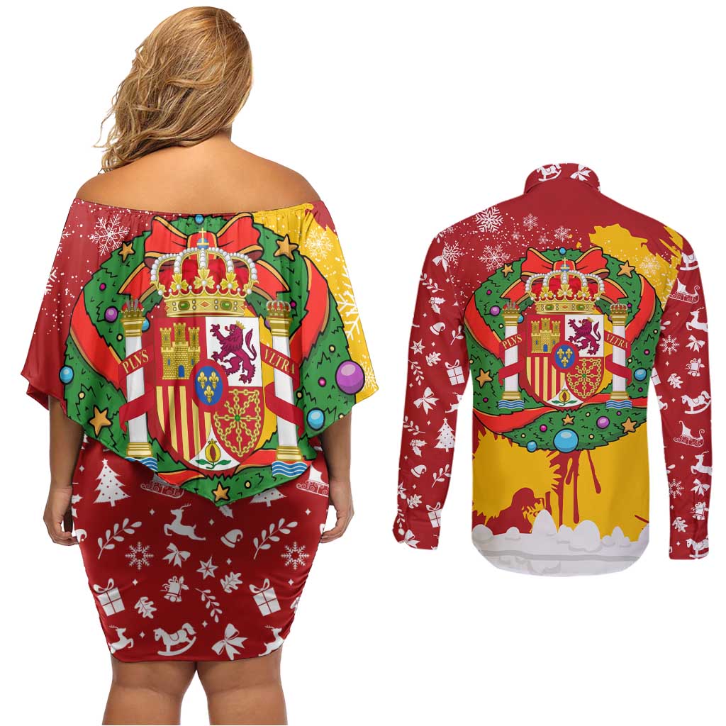 Spain Christmas Couples Matching Off Shoulder Short Dress and Long Sleeve Button Shirt with Tio de Nadal Log Snowflakes Spanish Flag and Holiday Wreath - Wonder Print Shop