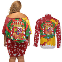 Spain Christmas Couples Matching Off Shoulder Short Dress and Long Sleeve Button Shirt with Tio de Nadal Log Snowflakes Spanish Flag and Holiday Wreath - Wonder Print Shop