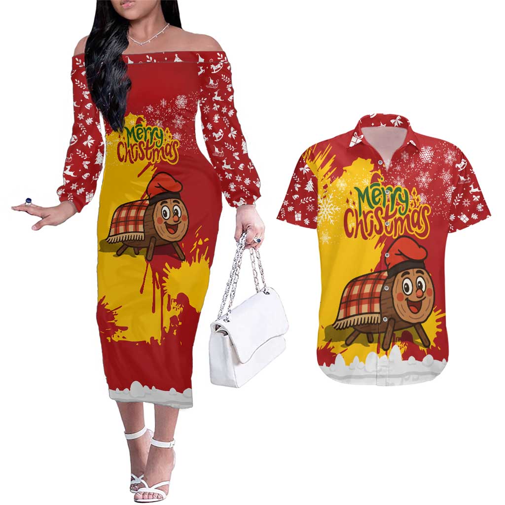 Spain Christmas Couples Matching Off The Shoulder Long Sleeve Dress and Hawaiian Shirt with Tio de Nadal Log Snowflakes Spanish Flag and Holiday Wreath - Wonder Print Shop