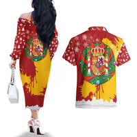 Spain Christmas Couples Matching Off The Shoulder Long Sleeve Dress and Hawaiian Shirt with Tio de Nadal Log Snowflakes Spanish Flag and Holiday Wreath - Wonder Print Shop