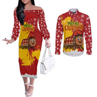 Spain Christmas Couples Matching Off The Shoulder Long Sleeve Dress and Long Sleeve Button Shirt with Tio de Nadal Log Snowflakes Spanish Flag and Holiday Wreath - Wonder Print Shop