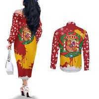 Spain Christmas Couples Matching Off The Shoulder Long Sleeve Dress and Long Sleeve Button Shirt with Tio de Nadal Log Snowflakes Spanish Flag and Holiday Wreath - Wonder Print Shop