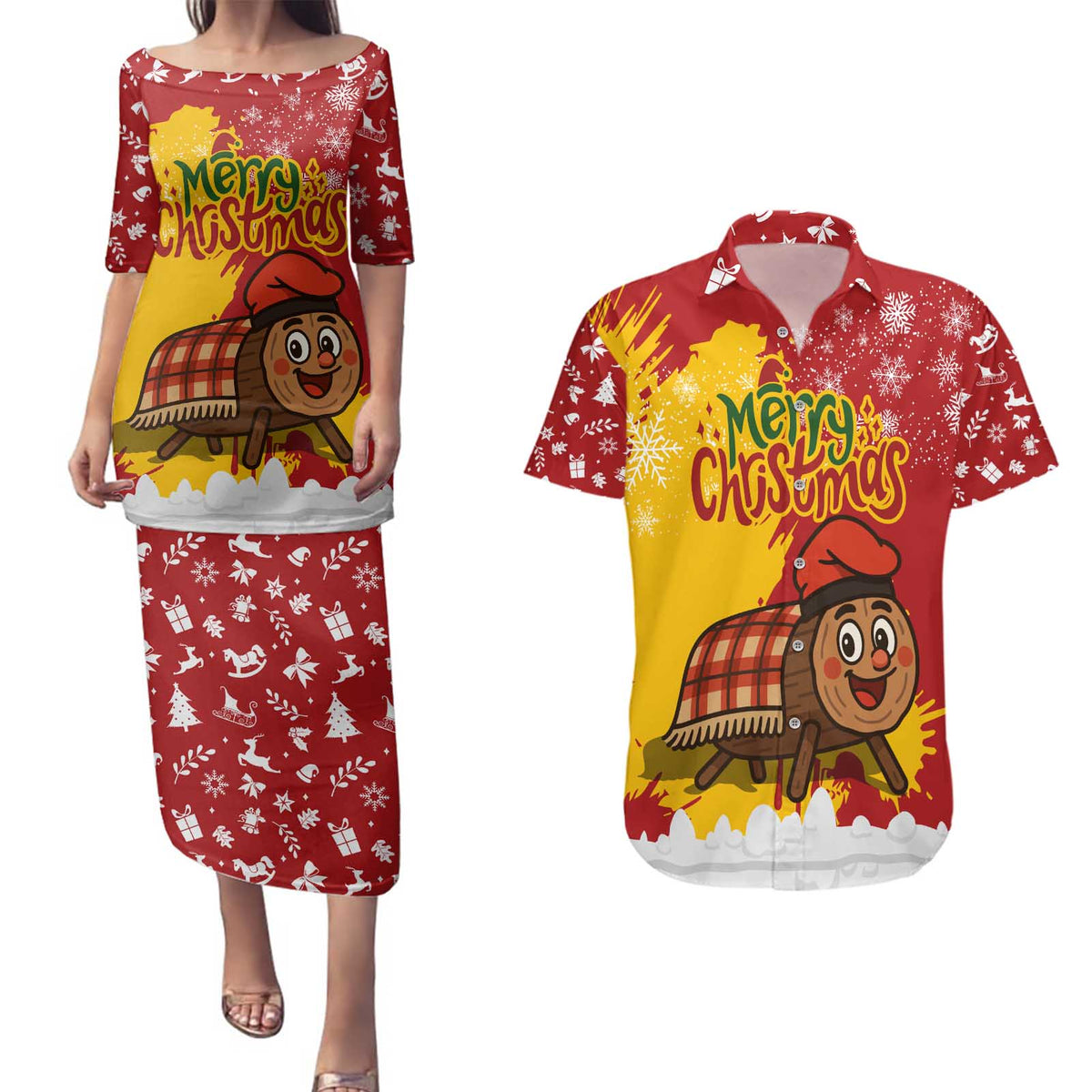 Spain Christmas Couples Matching Puletasi and Hawaiian Shirt with Tio de Nadal Log Snowflakes Spanish Flag and Holiday Wreath - Wonder Print Shop