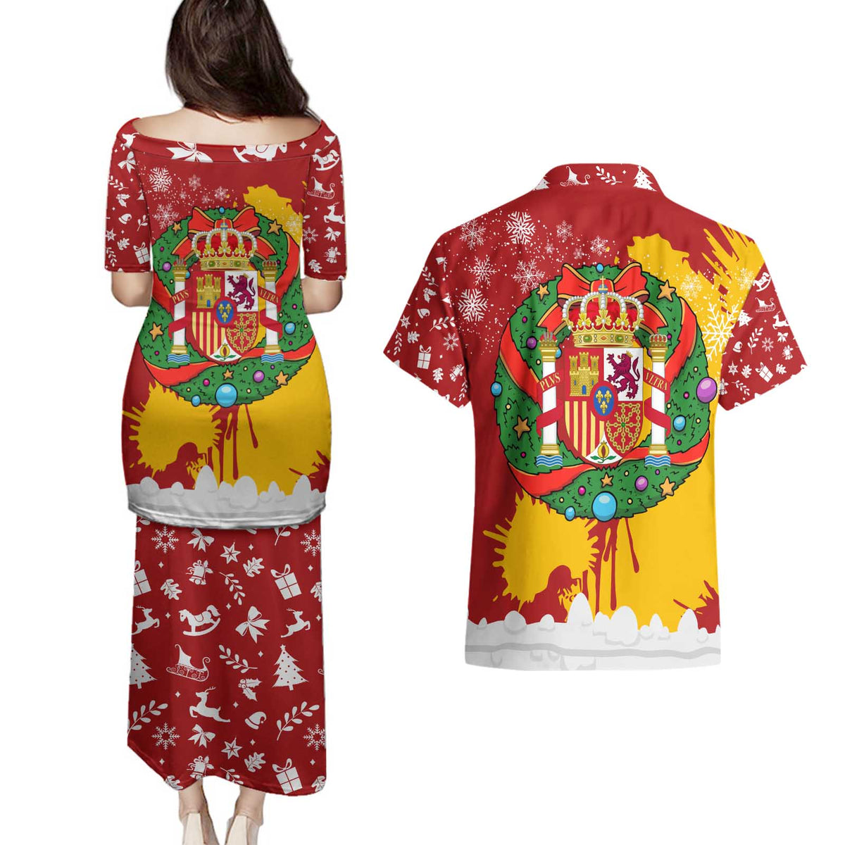 Spain Christmas Couples Matching Puletasi and Hawaiian Shirt with Tio de Nadal Log Snowflakes Spanish Flag and Holiday Wreath - Wonder Print Shop