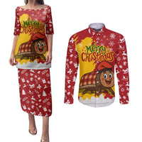 Spain Christmas Couples Matching Puletasi and Long Sleeve Button Shirt with Tio de Nadal Log Snowflakes Spanish Flag and Holiday Wreath - Wonder Print Shop