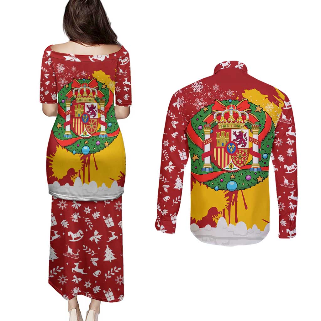 Spain Christmas Couples Matching Puletasi and Long Sleeve Button Shirt with Tio de Nadal Log Snowflakes Spanish Flag and Holiday Wreath - Wonder Print Shop