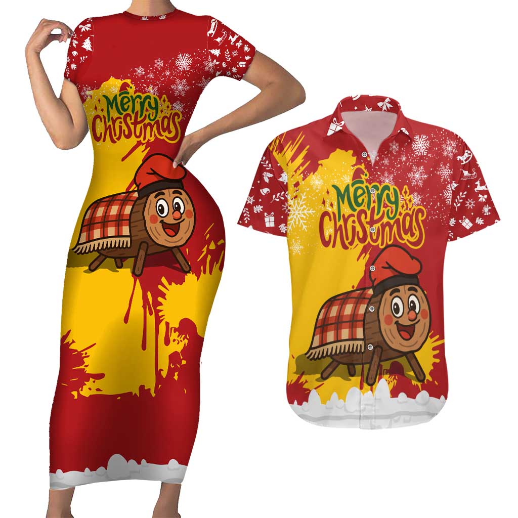 Spain Christmas Couples Matching Short Sleeve Bodycon Dress and Hawaiian Shirt with Tio de Nadal Log Snowflakes Spanish Flag and Holiday Wreath - Wonder Print Shop