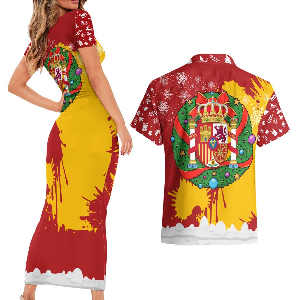 Spain Christmas Couples Matching Short Sleeve Bodycon Dress and Hawaiian Shirt with Tio de Nadal Log Snowflakes Spanish Flag and Holiday Wreath - Wonder Print Shop