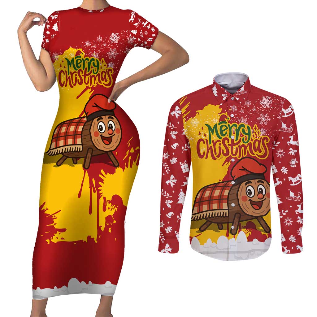 Spain Christmas Couples Matching Short Sleeve Bodycon Dress and Long Sleeve Button Shirt with Tio de Nadal Log Snowflakes Spanish Flag and Holiday Wreath - Wonder Print Shop