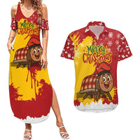 Spain Christmas Couples Matching Summer Maxi Dress and Hawaiian Shirt with Tio de Nadal Log Snowflakes Spanish Flag and Holiday Wreath - Wonder Print Shop