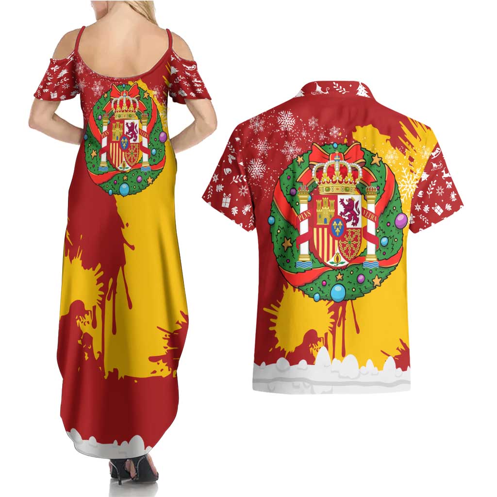 Spain Christmas Couples Matching Summer Maxi Dress and Hawaiian Shirt with Tio de Nadal Log Snowflakes Spanish Flag and Holiday Wreath - Wonder Print Shop