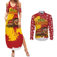 Spain Christmas Couples Matching Summer Maxi Dress and Long Sleeve Button Shirt with Tio de Nadal Log Snowflakes Spanish Flag and Holiday Wreath - Wonder Print Shop