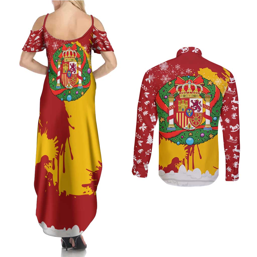 Spain Christmas Couples Matching Summer Maxi Dress and Long Sleeve Button Shirt with Tio de Nadal Log Snowflakes Spanish Flag and Holiday Wreath - Wonder Print Shop
