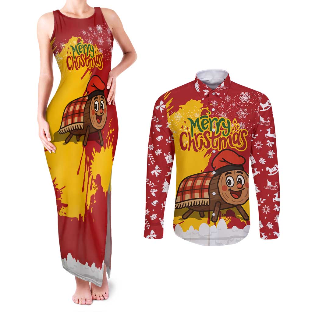 Spain Christmas Couples Matching Tank Maxi Dress and Long Sleeve Button Shirt with Tio de Nadal Log Snowflakes Spanish Flag and Holiday Wreath - Wonder Print Shop