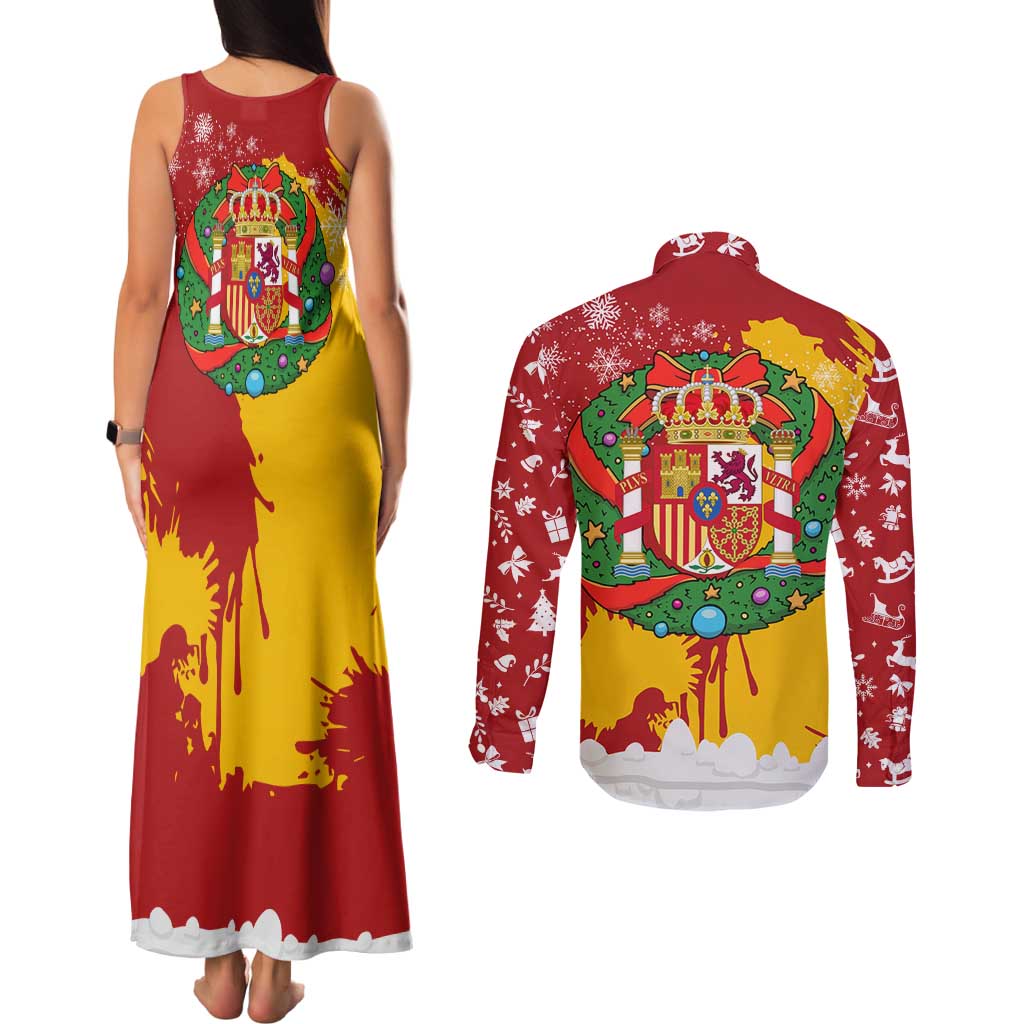 Spain Christmas Couples Matching Tank Maxi Dress and Long Sleeve Button Shirt with Tio de Nadal Log Snowflakes Spanish Flag and Holiday Wreath - Wonder Print Shop