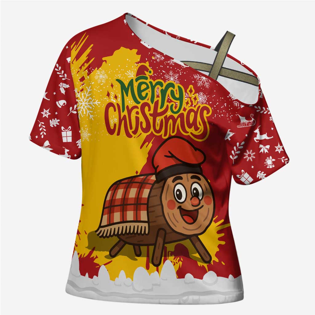 Spain Christmas Cross Shoulder Shirt with Tio de Nadal Log Snowflakes Spanish Flag and Holiday Wreath - Wonder Print Shop