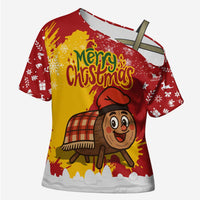 Spain Christmas Cross Shoulder Shirt with Tio de Nadal Log Snowflakes Spanish Flag and Holiday Wreath - Wonder Print Shop