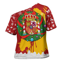 Spain Christmas Cross Shoulder Shirt with Tio de Nadal Log Snowflakes Spanish Flag and Holiday Wreath - Wonder Print Shop