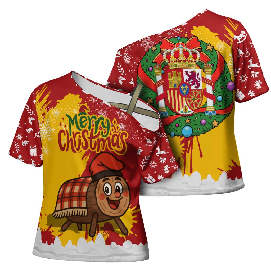 Spain Christmas Cross Shoulder Shirt with Tio de Nadal Log Snowflakes Spanish Flag and Holiday Wreath - Wonder Print Shop
