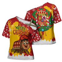 Spain Christmas Cross Shoulder Shirt with Tio de Nadal Log Snowflakes Spanish Flag and Holiday Wreath - Wonder Print Shop