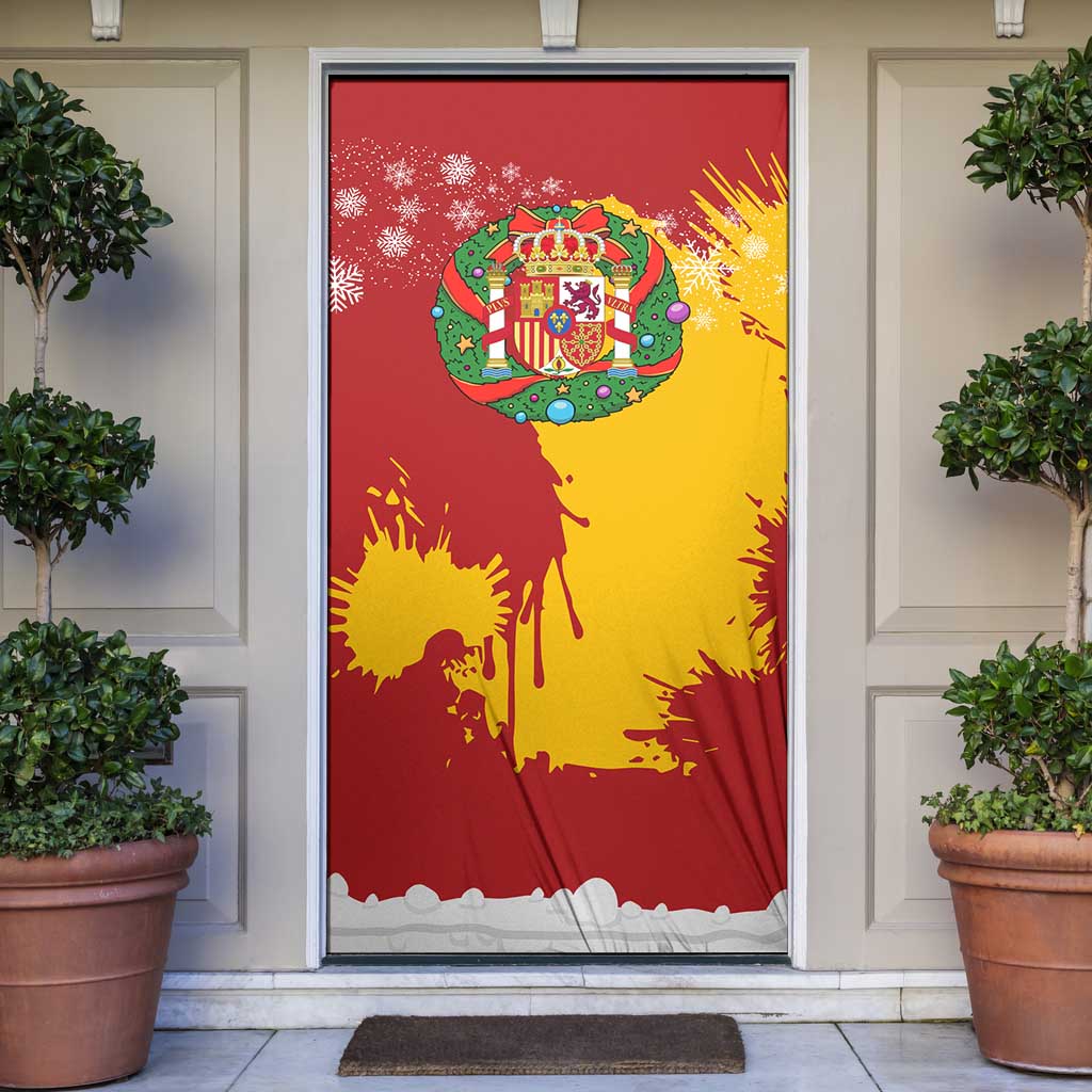 Spain Christmas Door Cover with Tio de Nadal Log Snowflakes Spanish Flag and Holiday Wreath - Wonder Print Shop