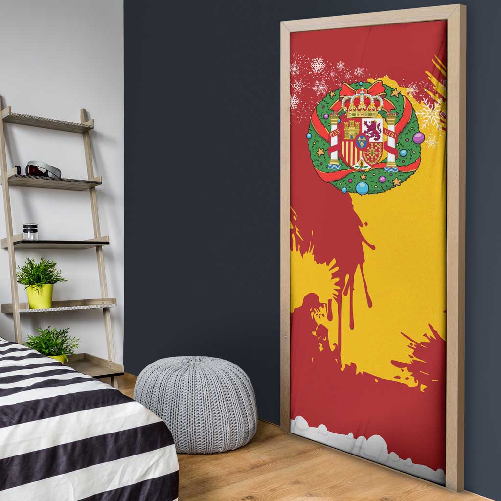 Spain Christmas Door Cover with Tio de Nadal Log Snowflakes Spanish Flag and Holiday Wreath - Wonder Print Shop