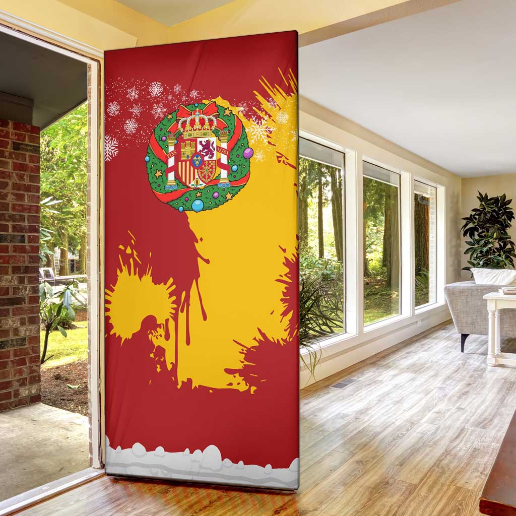 Spain Christmas Door Cover with Tio de Nadal Log Snowflakes Spanish Flag and Holiday Wreath - Wonder Print Shop