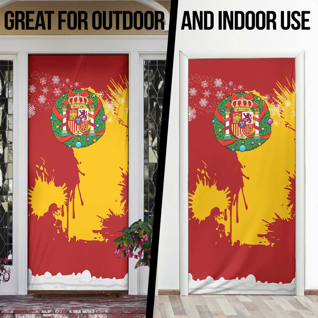 Spain Christmas Door Cover with Tio de Nadal Log Snowflakes Spanish Flag and Holiday Wreath - Wonder Print Shop