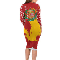 Spain Christmas Family Matching Long Sleeve Bodycon Dress and Hawaiian Shirt with Tio de Nadal Log Snowflakes Spanish Flag and Holiday Wreath - Wonder Print Shop