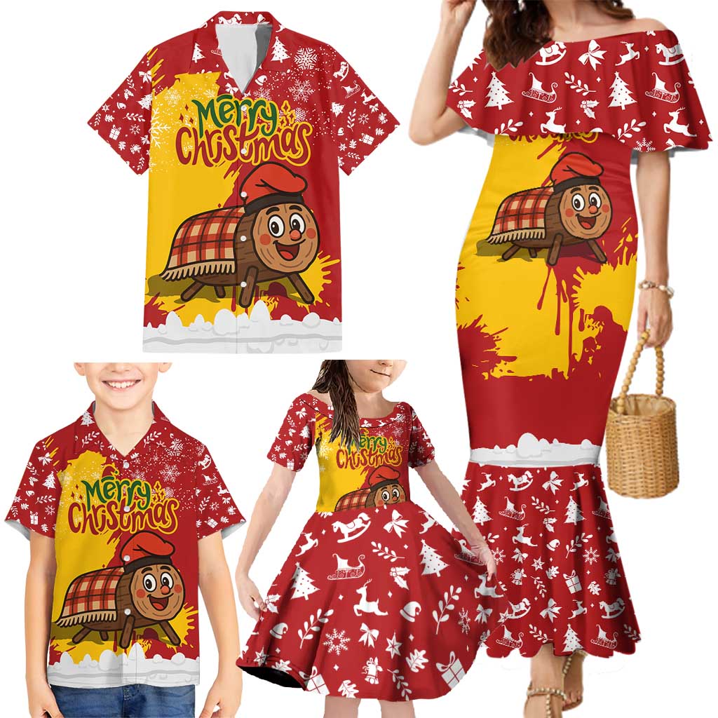 Spain Christmas Family Matching Mermaid Dress and Hawaiian Shirt with Tio de Nadal Log Snowflakes Spanish Flag and Holiday Wreath - Wonder Print Shop