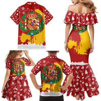 Spain Christmas Family Matching Mermaid Dress and Hawaiian Shirt with Tio de Nadal Log Snowflakes Spanish Flag and Holiday Wreath - Wonder Print Shop
