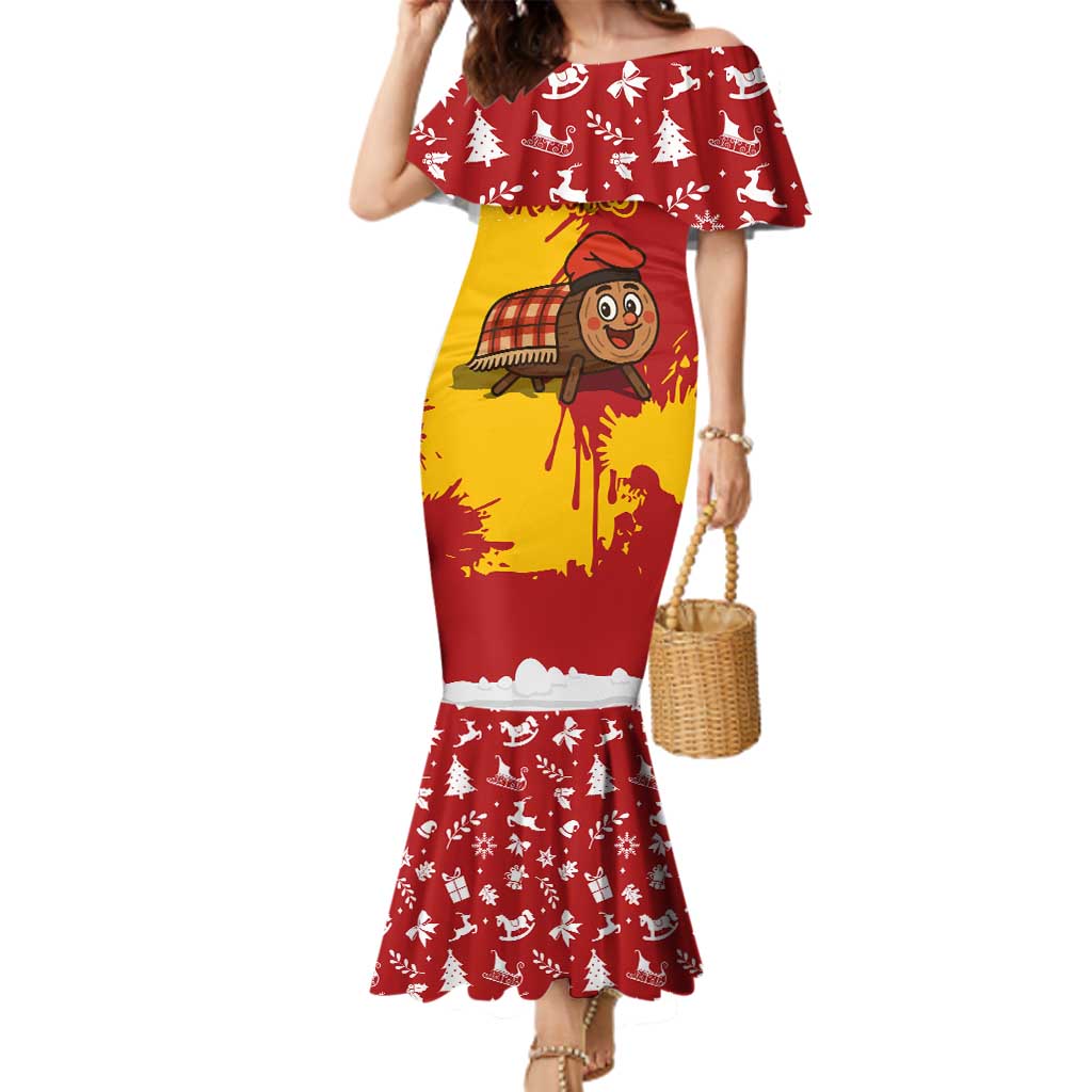 Spain Christmas Family Matching Mermaid Dress and Hawaiian Shirt with Tio de Nadal Log Snowflakes Spanish Flag and Holiday Wreath - Wonder Print Shop