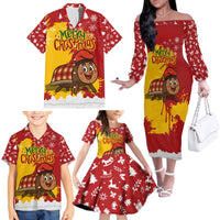 Spain Christmas Family Matching Off The Shoulder Long Sleeve Dress and Hawaiian Shirt with Tio de Nadal Log Snowflakes Spanish Flag and Holiday Wreath - Wonder Print Shop
