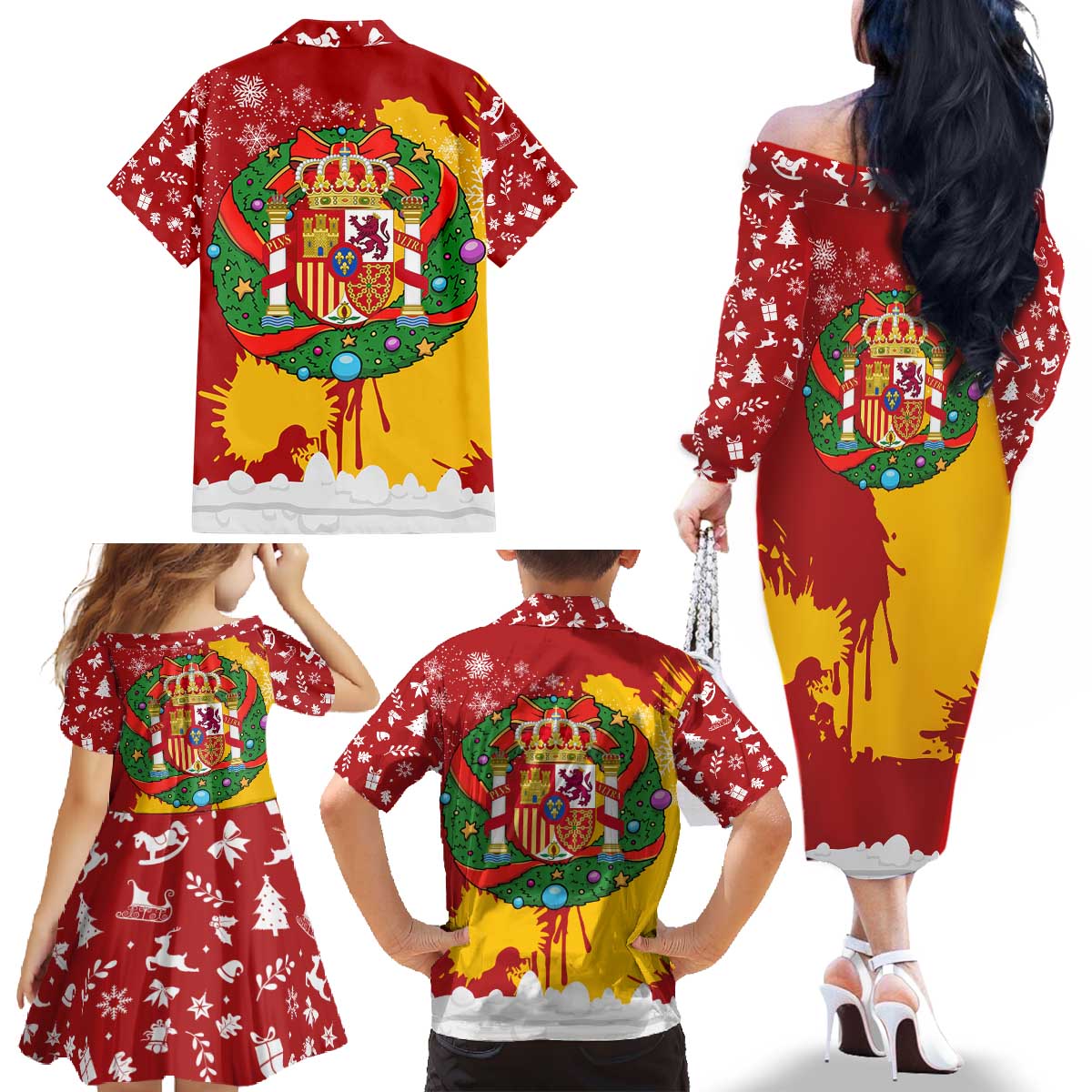 Spain Christmas Family Matching Off The Shoulder Long Sleeve Dress and Hawaiian Shirt with Tio de Nadal Log Snowflakes Spanish Flag and Holiday Wreath - Wonder Print Shop